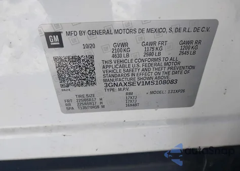 2021 Chevrolet Equinox Awd Ls из США, поврежденный, VIN 3GNAXSEV1MS108083